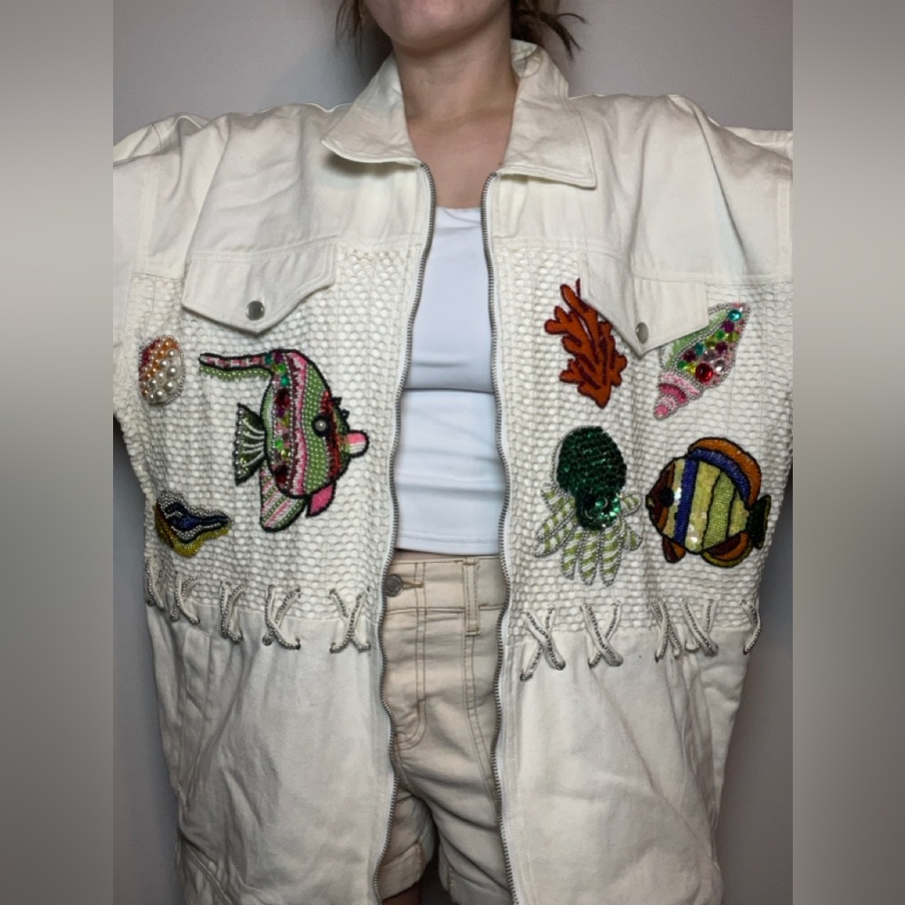 NWT Beaded Fish Artwear Jacket Coastal Statement Embellished Cotton